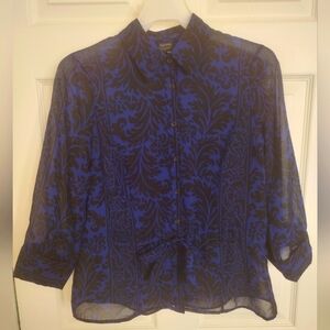 Nicole by Nicole Miller Floral Blue and Black Sheer Button Up Top Sz 4
